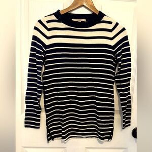 LOFT Women's Cream & Navy Blue Striped Crewneck Tunic Sweater Size XSP